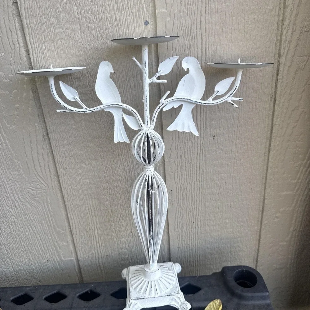 Rustic Wrought Iron 3 Arm Candelabra With Birds White Distressed Cottagecore